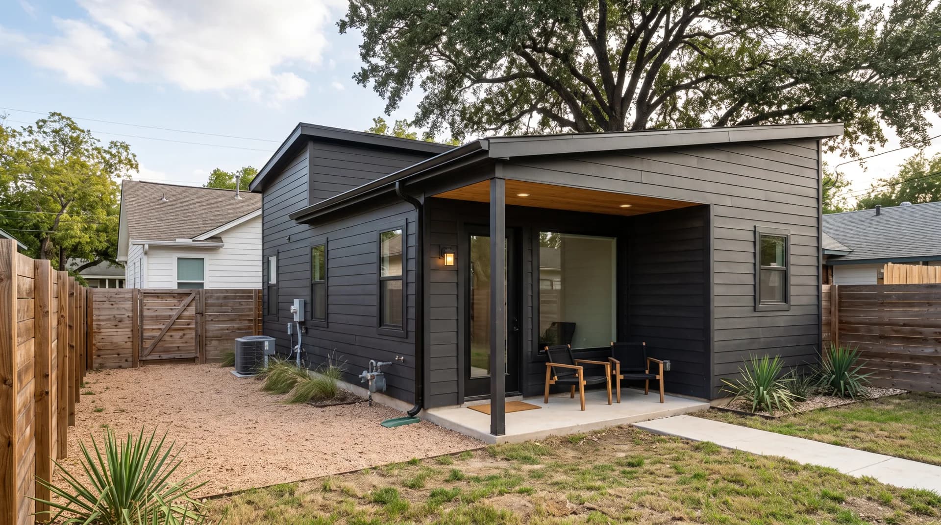 Illustrative concept of a compact backyard dwelling with dark siding and a sheltered patio